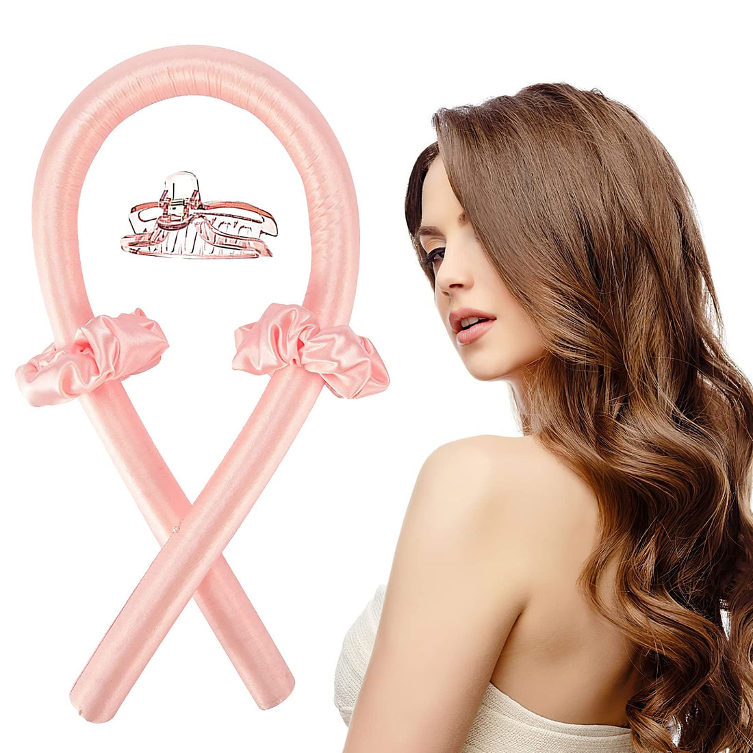 Heatless Hair Curlers – No Heat Satin Curling Rod Headband Set for Long Hair to Sleep In with Hair Clip and Scrunchies, Overnight Soft Lazy Curly Hair Accessories for Women Natural Curly Hair Pink
