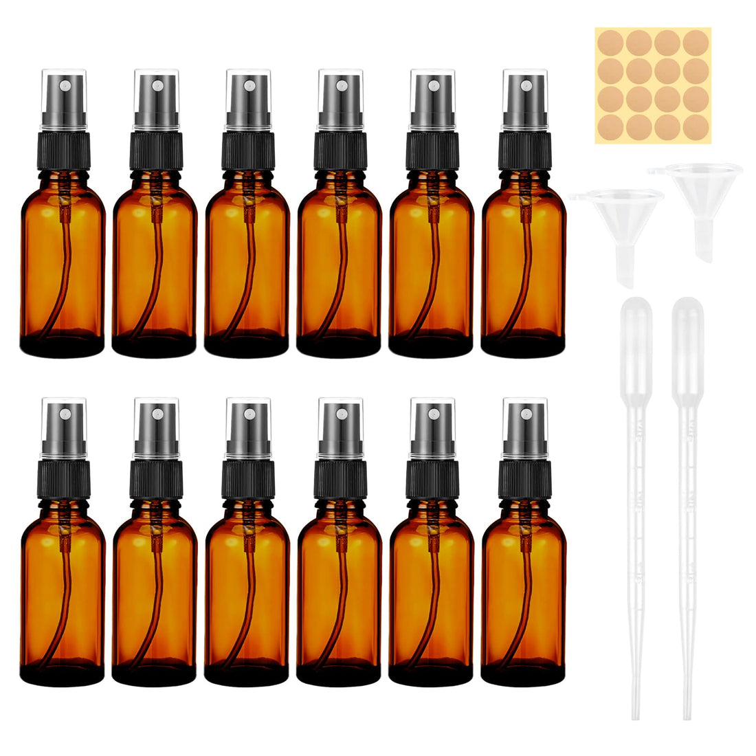 Amber Glass Spray Bottle, Empty Fine Mist Spray Bottle, Refillable Brown Glass Spray Bottle with Dropper, Funnels, Label for Cleaning, Aromatherapy, Perfume, Hair, Cosmetic Travel Sprays (30ml,12pcs)