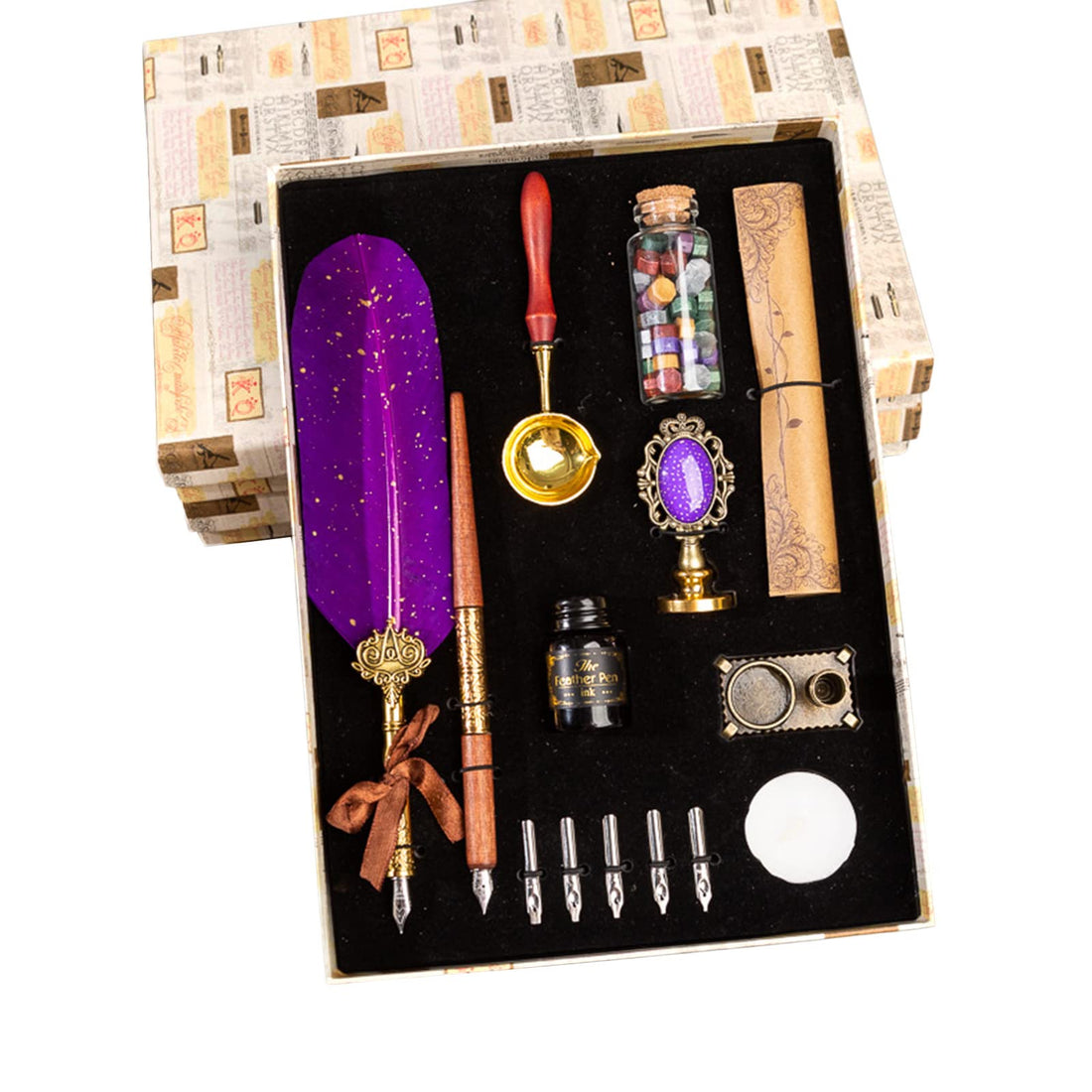 VolksRose Quill Pen and Ink Set, Calligraphy Feather Pen and Ink Set, Includes Dip Pen, 5 Replaceable Nib, Ink, Wax Seal Stamp, Wax Seal Beads, Envelope, Pen Holder, Calligraphy Writing Pen Set Gift