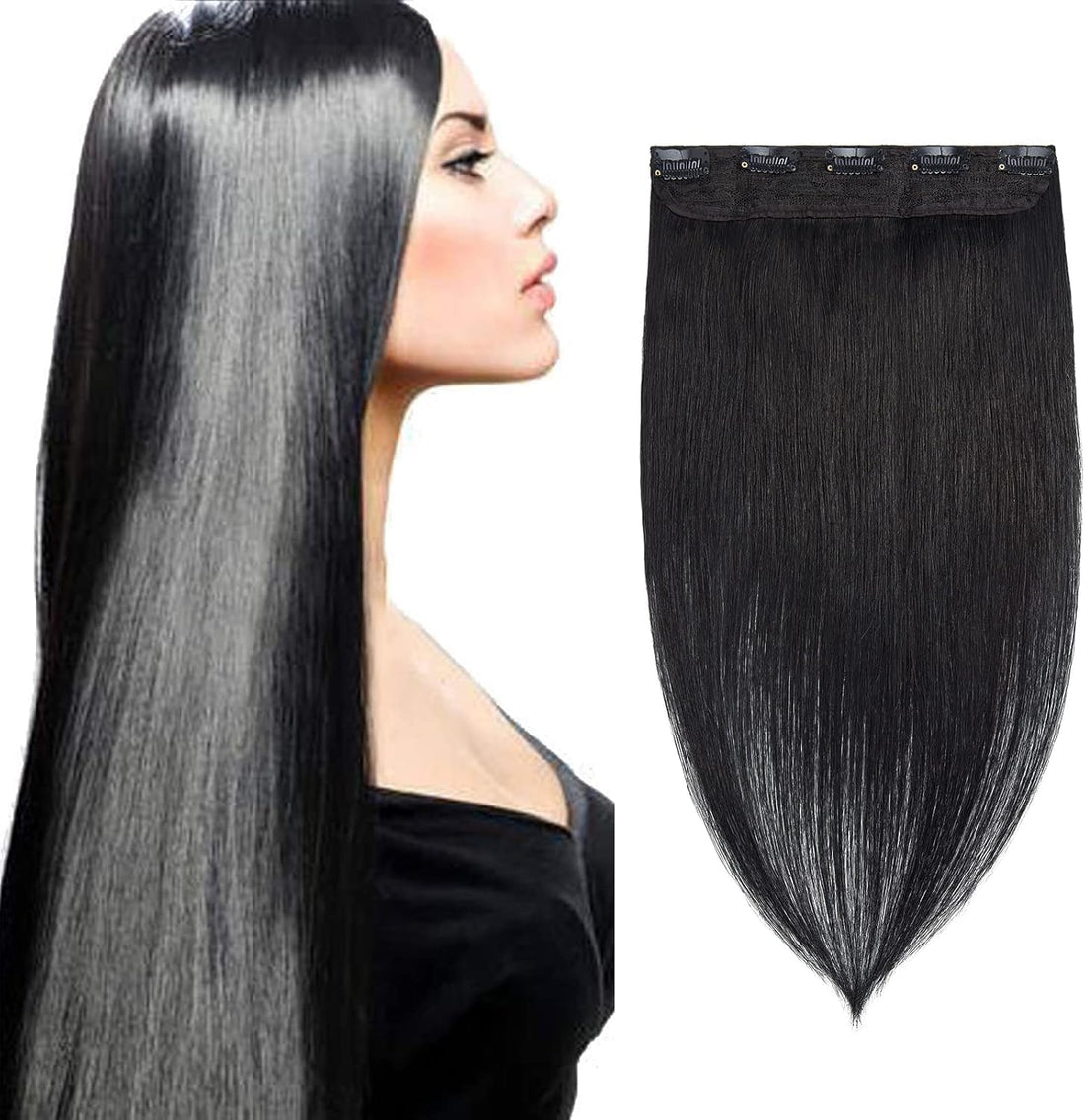 Women's Hair Extension Full Head Wig - 55-60 CM-150 G -Synthetic Natural Straight Hair Pieces with 5 Clip Wig Cheap Fluffy & Not Tangled Women- JW-298- NO 1- BLACK