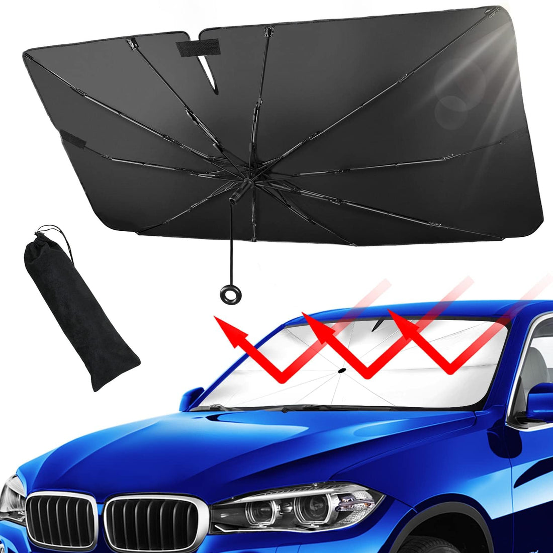 Car Windshield Sun Shade Umbrella,Pull Ring Car Sunshade Front Window Cover,Foldable Sunshade Umbrella with Opening Design for UV Ray Block & Sun Heat Protection for Most Vehicles(Large 60"X32")