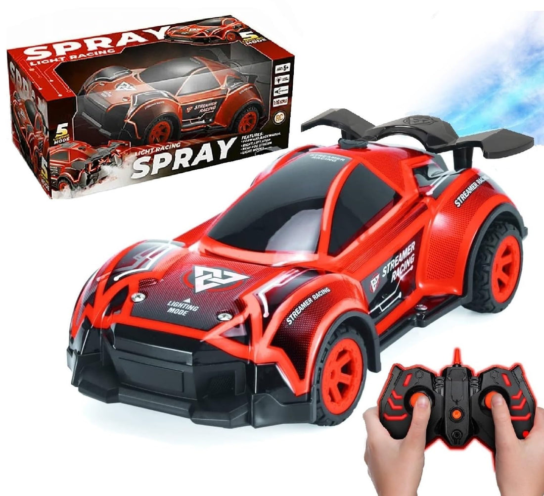 TOYS LAND Fog Racer 1:16 Scale RC Car, High Speed LED Light Race Car with Mist Spray, 5 LED Modes, 2.4GHZ Remote, Rechargeable Battery, For Kids (Red)