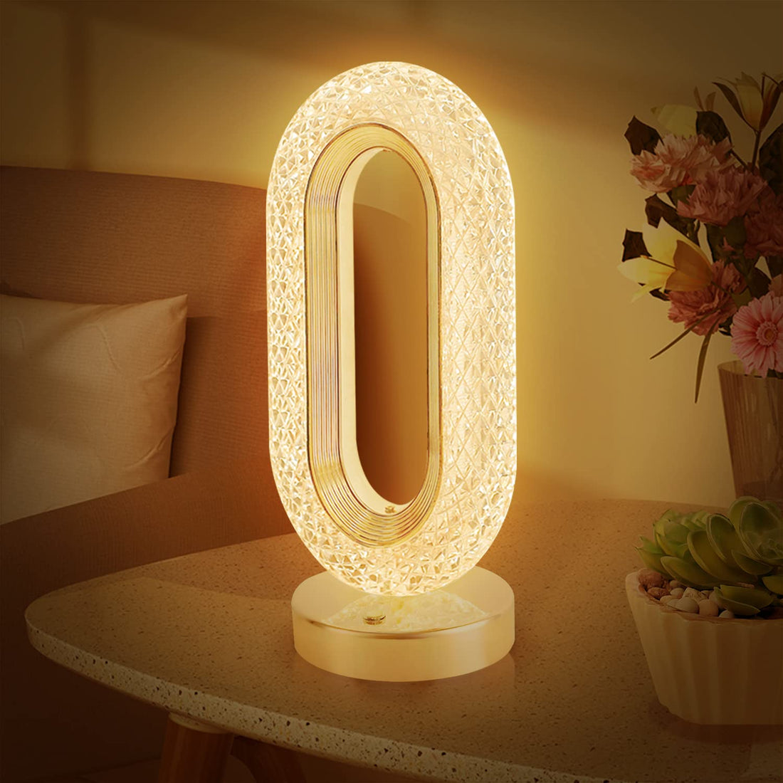 USB Crystal Table Lamp, Touch Control LED Light with 3 Levels Brightness Rechargeable Small Lamp Room Decor Night Light for Bedroom, Living, Home Office, Desk Decorations, Gift (Gold)