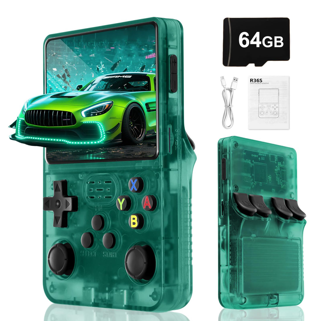 GHAZAL R36S Classic Handheld Game Console - 15,000+ Preloaded Games, 3.5" IPS Screen, Linux System, User-Friendly Ergonomic Design for Ultimate On-The-Go Entertainment (Green)