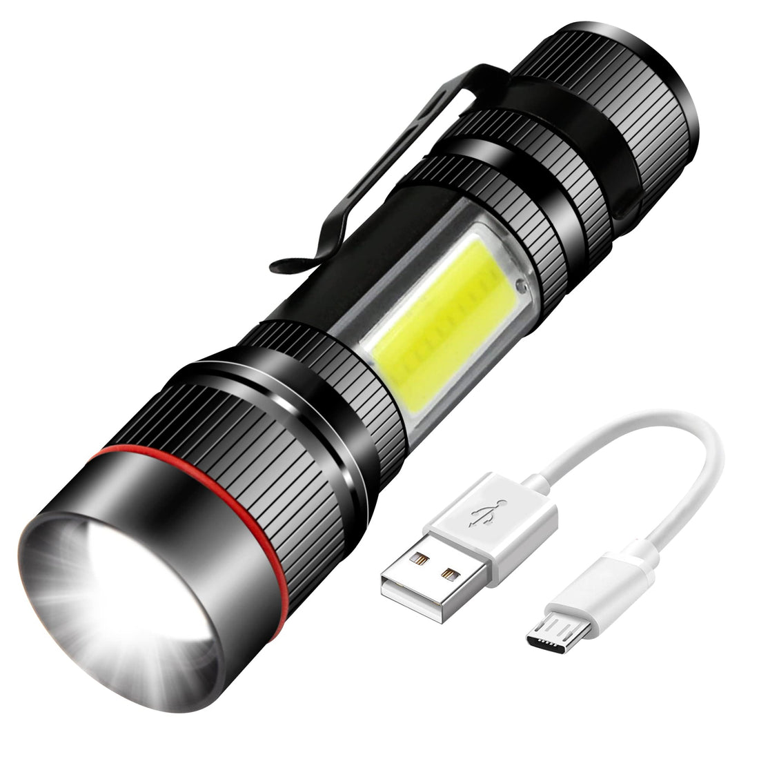 USB Rechargeable Battery Small LED Torches Zoomable Hand Light and COB Battery Operated Tactical Torch Extremely Bright with Magnet and Clip for Camping Hiking Emergencies Walking