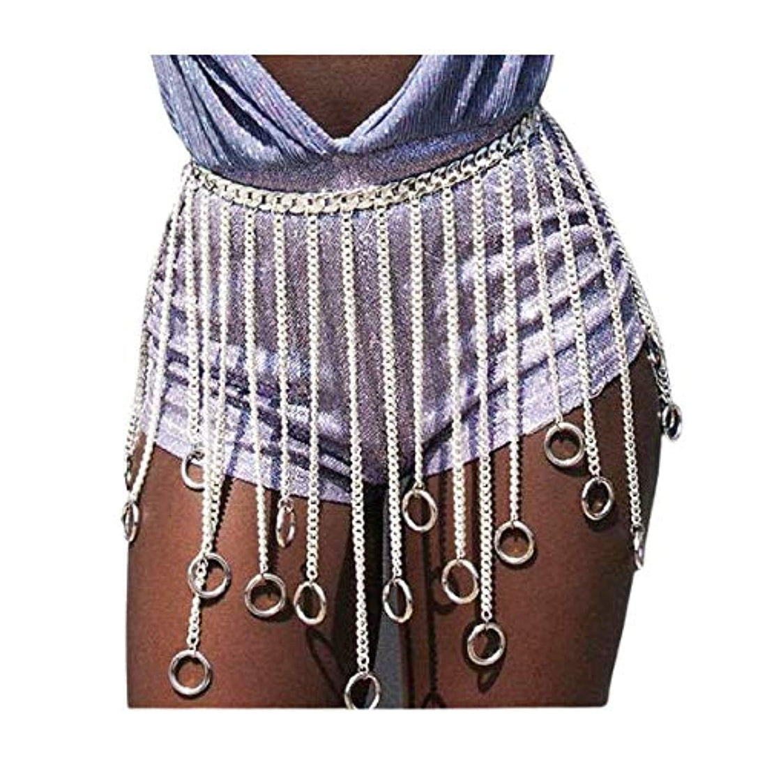 Fstrend Sparkly Waist Chain Silver Layered Body Chains Bikini Circle Tassel Nightclub Party Beach Rave Belt Belly Jewelry Accessories for Women and Girls