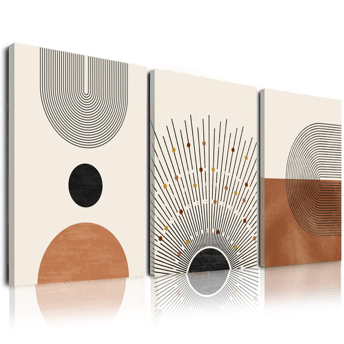 Abstract Boho Wall Art Set of 3, Minimalist Neutral Geometric Line Sun Art Prints, Framed Boho Canvas Artwork Paintings, Modern Wall Art Decor for Living Room, Bedroom, Bathroom, Office