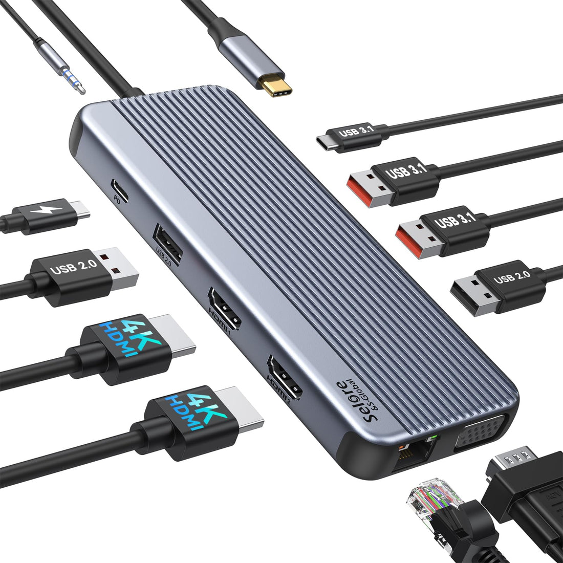 Selore USB C Docking Station Triple Display, 11 in 1 USB C Hub with 2 x 4K @ 60Hz HDMI & 1080P VGA, USB C & 2 USB 3.1 10Gbps, 2 USB 2.0, Gigabit Ethernet, 3.5 mm Audio & Mic, 100 W PD3.0 for Lenovo,
