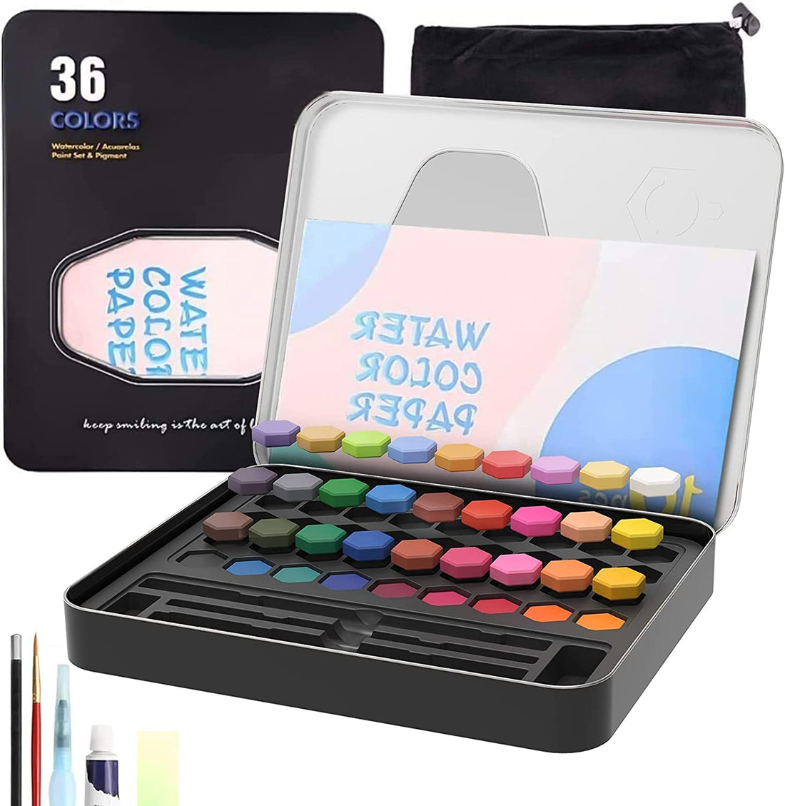 Watercolor Set 36 Colors, Artist Cakes Block Set With Water Colour Paper, Brush, Water Brush Pen, Tin Box