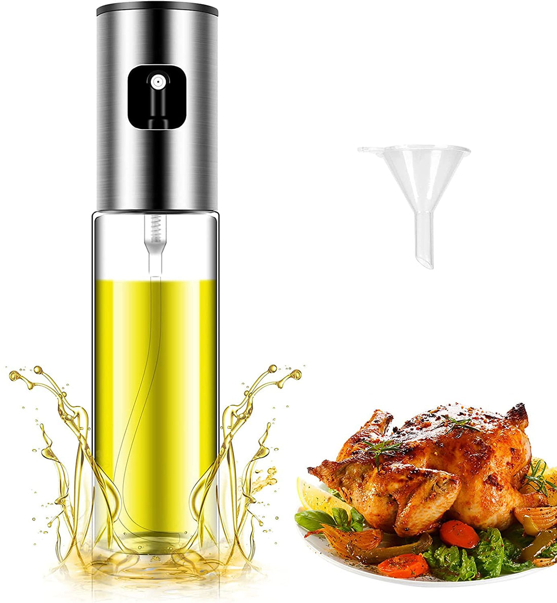 Amzrun 100ml 304 Stainless Steel Cooking Oil Sprayer, Portable Spray Bottle for Olive Oil, Vinegar, Water Liquids. Great for kitchen baking, frying, grilling, turkey roasting, air fryer, salad making