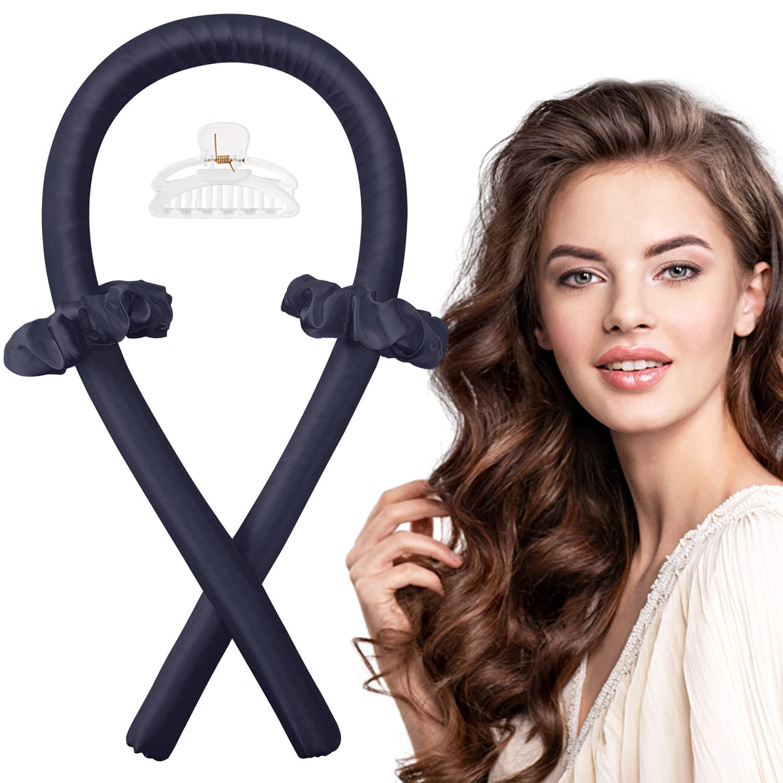 IENIN Heatless Curling Rod Headband, No Heat Hair Curlers to Sleep in Curl Ribbon with Scrunchies Hair Clips Overnight Hair Curlers for Women Long Hair Styling Tools(Grey Black)