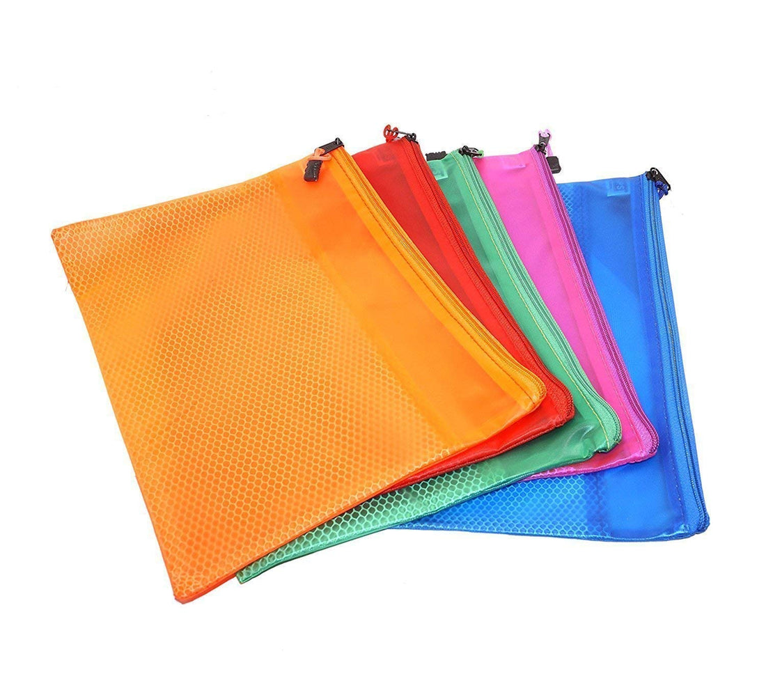 HATHIYANI Large A4 Size Document Zip Bag/Pouch Waterproof Zipper Pouches Document Holder/Pen Pencil Case/Stationery Storage Bags/Cosmetic Pouch/Travel Organizer Multicolour (Pack of 5)