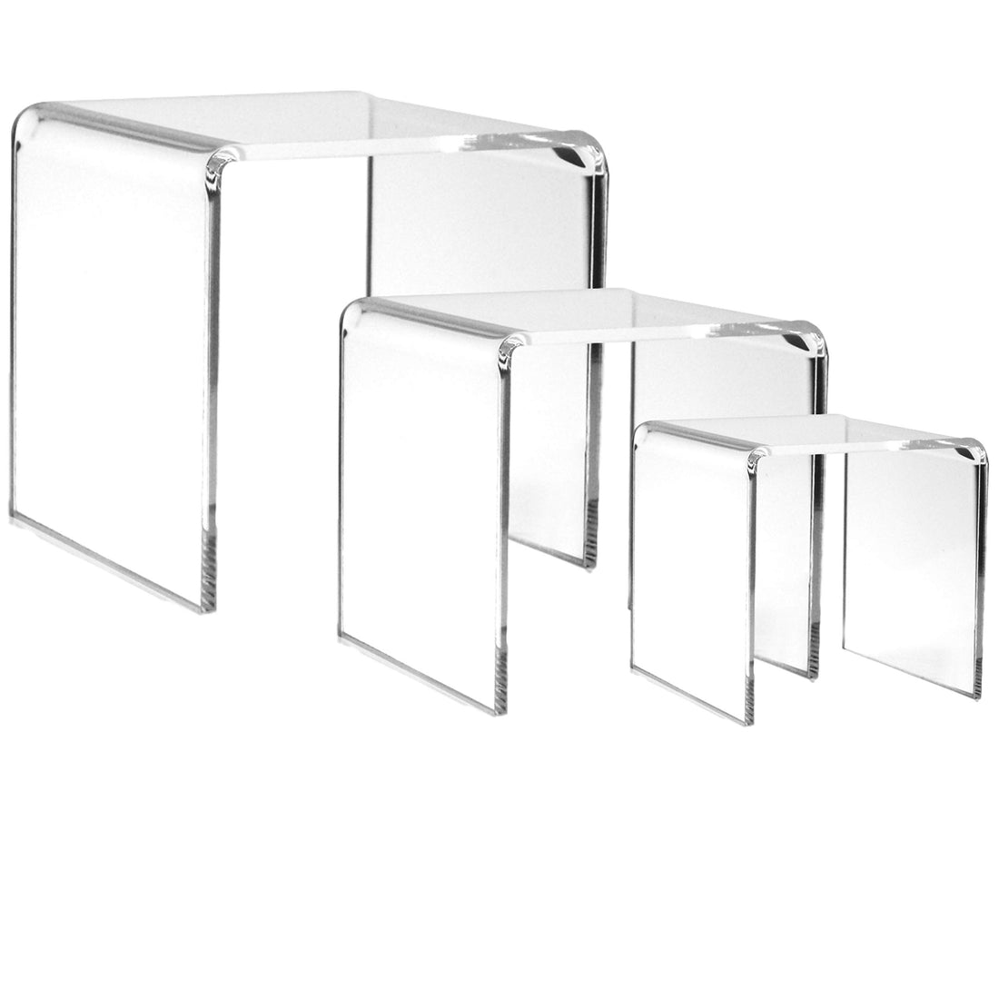 BEST MEDIA Acrylic Display Risers Set, 3-Piece Clear Acrylic Pedestal Stands, Assorted Sizes for Jewelry Display, Tabletop Fixtures, Retail Counter Showcases, Collectibles and Product Presentation