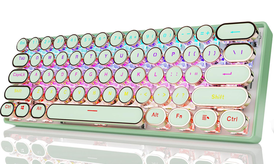 EWEADN G61 Typewriter Keyboard Wireless Mechanical Keyboards, 60% Mini Typewriter Keyboard with Rainbow Backlit, Anti-Ghosting, Red Switch Bluetooth/2.4GHz/USB-C Cute Aesthetic Keyboards-Green