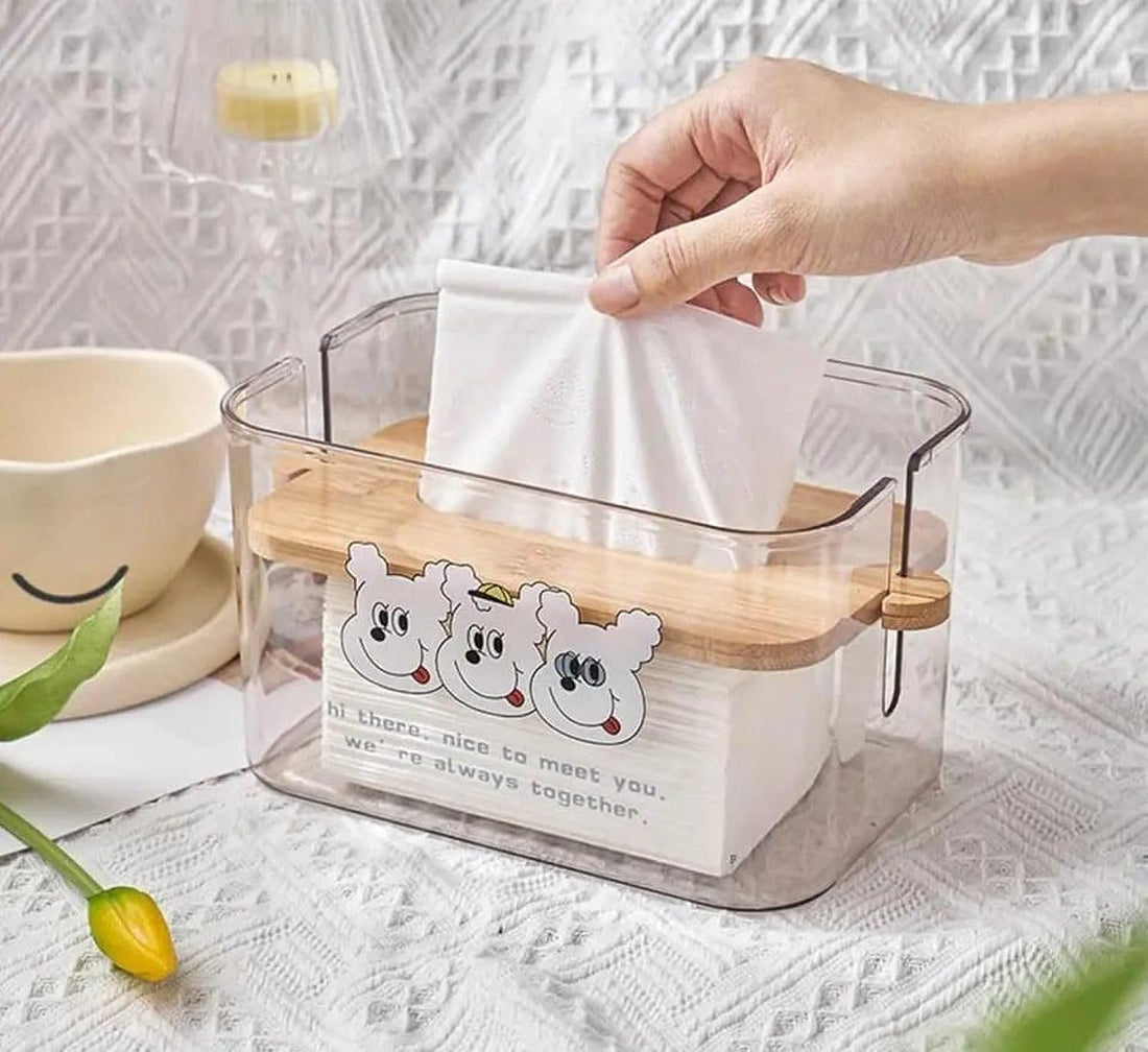 Acrylic Tissue Box With Wooden Removable Lid High Capacity for Home Decor, Livingroom, Office, Study room, Cute Designs, Amazing Quality (Shape 1)