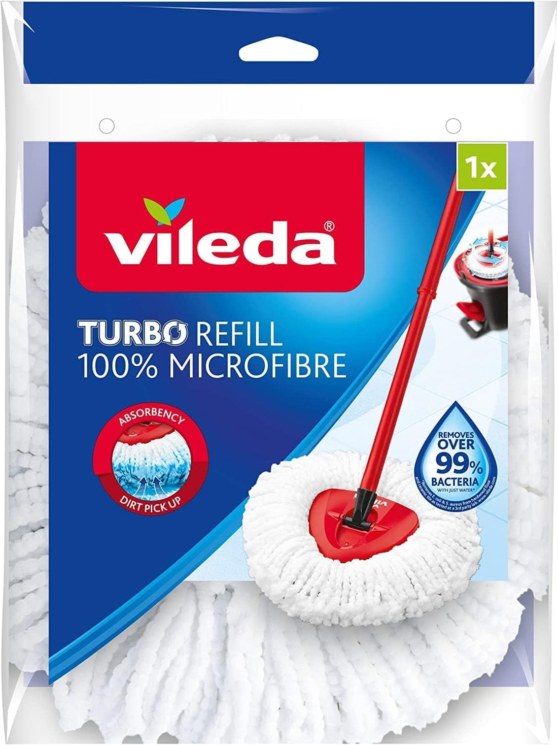 Vileda Turbo 100% Microfibre refill | pack of 1| suitable for all Vileda spin mop systems |for hard floor surfaces | removal of over 99% of bacteria with just water