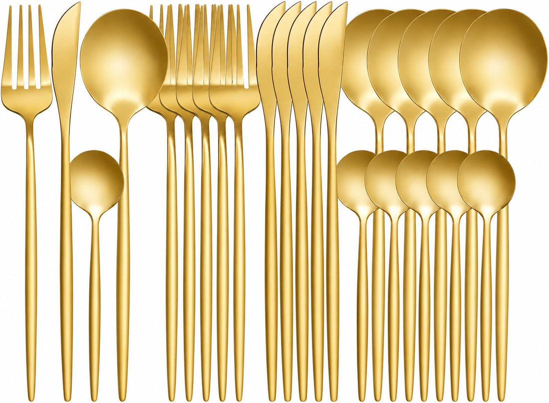 Luxurious Gold 24-Piece Cutlery Set, Stainless Steel for 6 Persons, Includes Knives, Forks and Spoons, Dishwasher Safe (Gold)