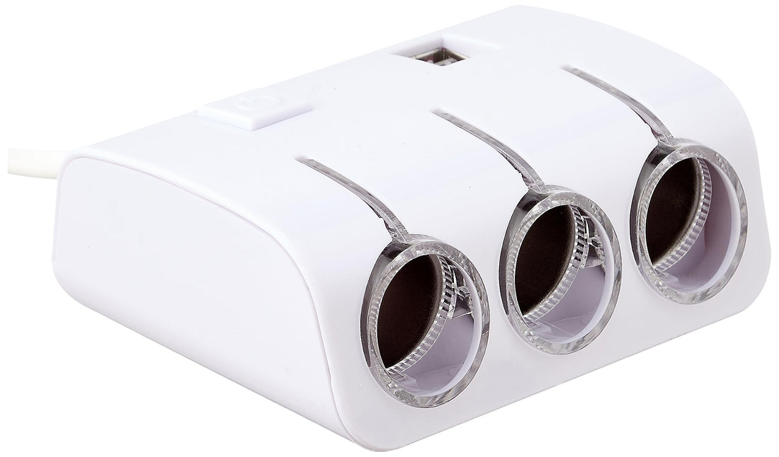 Car charger 3 way car cigarette lighter socket with 2 usb port - white
