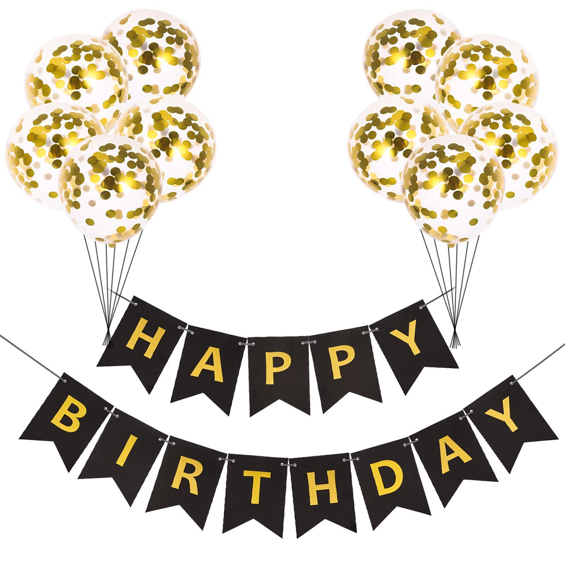 Happy Birthday Banners, Happy Birthday Bunting Party Hanging Decoration with 10 Pack 12 Inch Latex Confetti Balloons Banner for Birthday Party(Black)