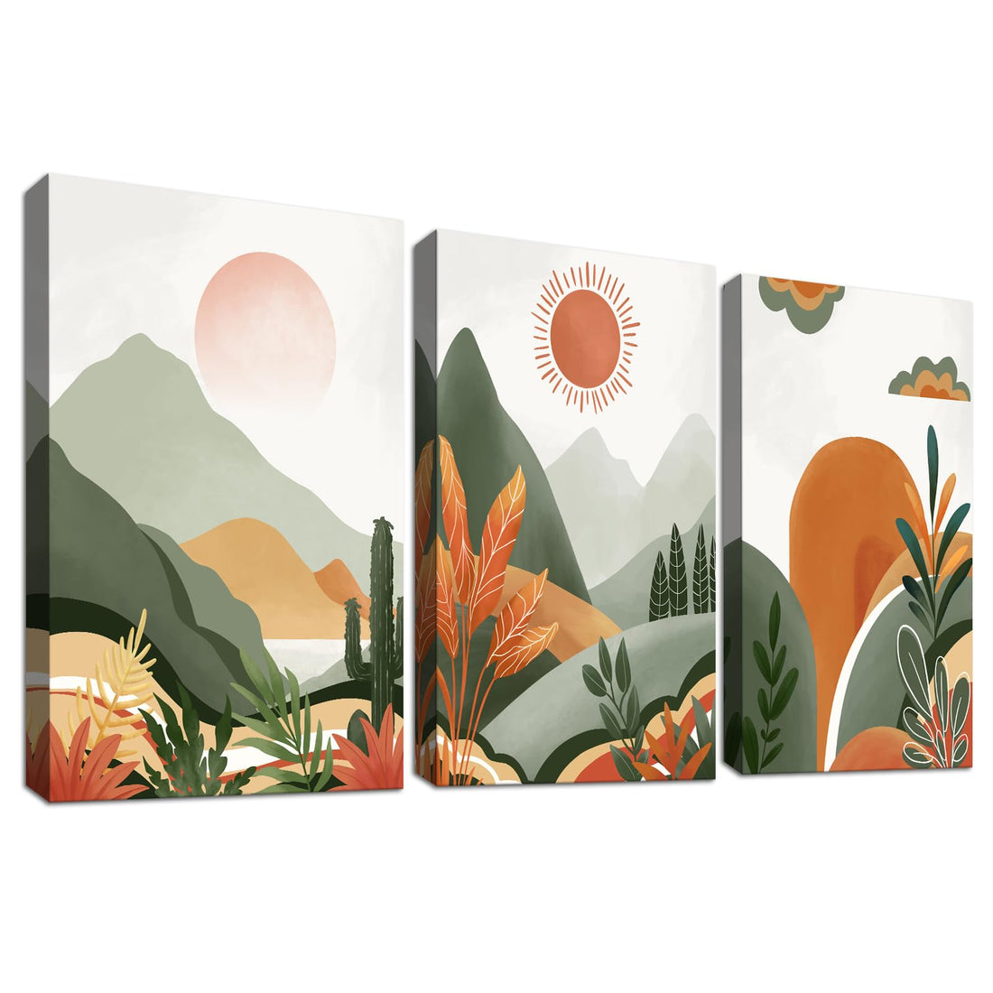 3Pcs Canvas Print Framed Bohemian Desert and Sun Painting Poster Green Mountains and Plants Canvas Paintings Modern Paintings Living Room Bedroom Hallway Wall Decorations 30x40cm x3