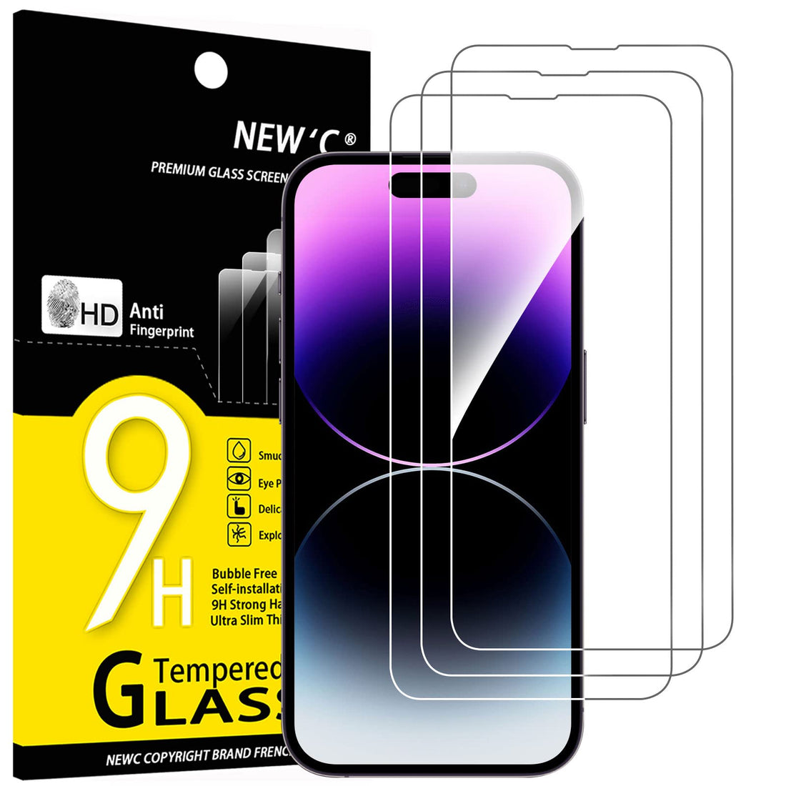 NEW'C Pack of 3 Tempered Glass Screen Protectors for iPhone 14 Pro Max (6.7 Inches) - Bubble-Free - Ultra Resistant (0.33 mm HD Ultra Transparent) 9H Hardness Glass