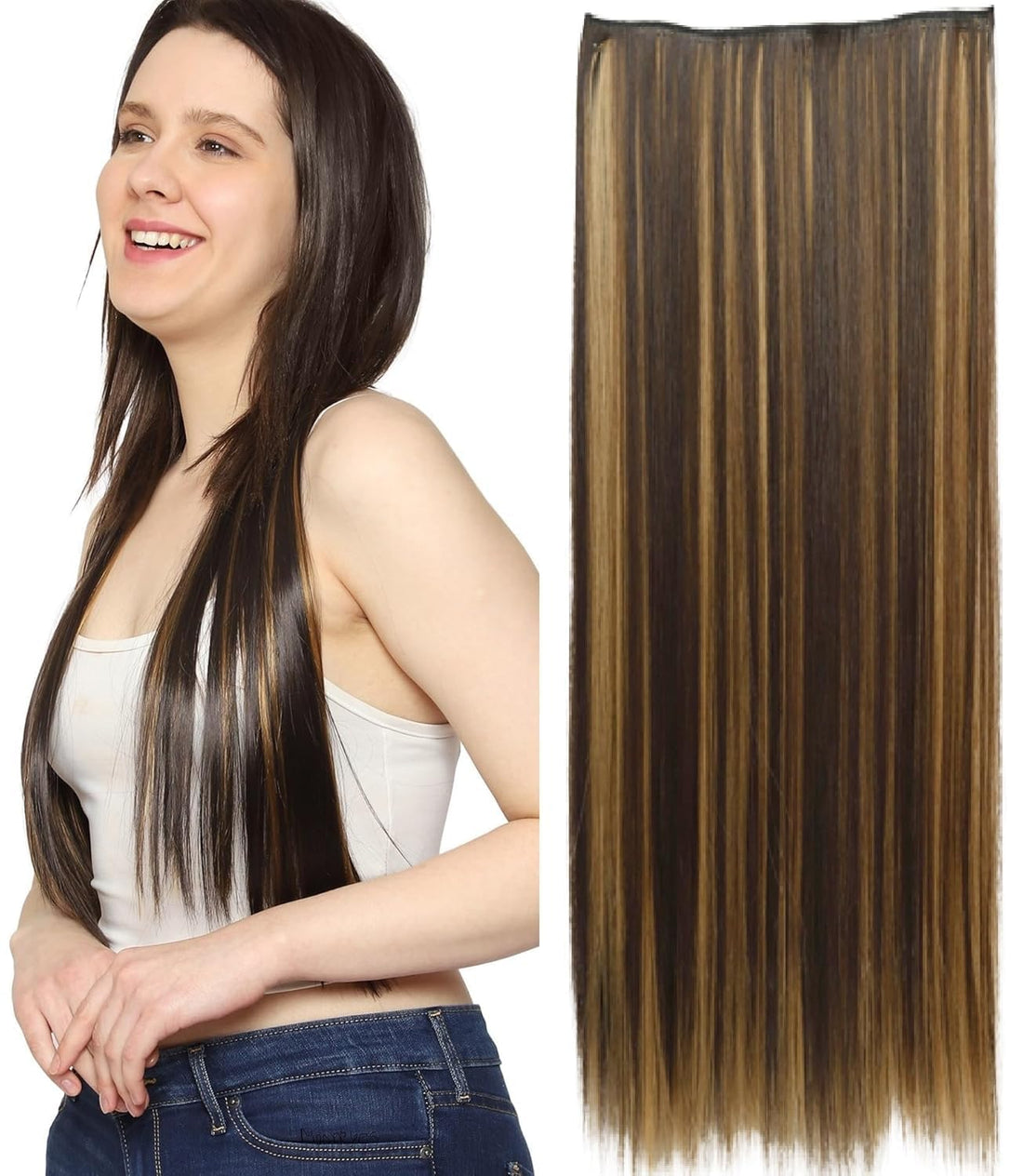 Women's Hair Extension Full Head Wig 24 Inch - 65-70 CM-150 G -Synthetic Natural Straight Hair Pieces with 5 Clip Wig Cheap Fluffy & Not Tangled Women- jw-243-NO 8+27- BROWN MIX BLOND