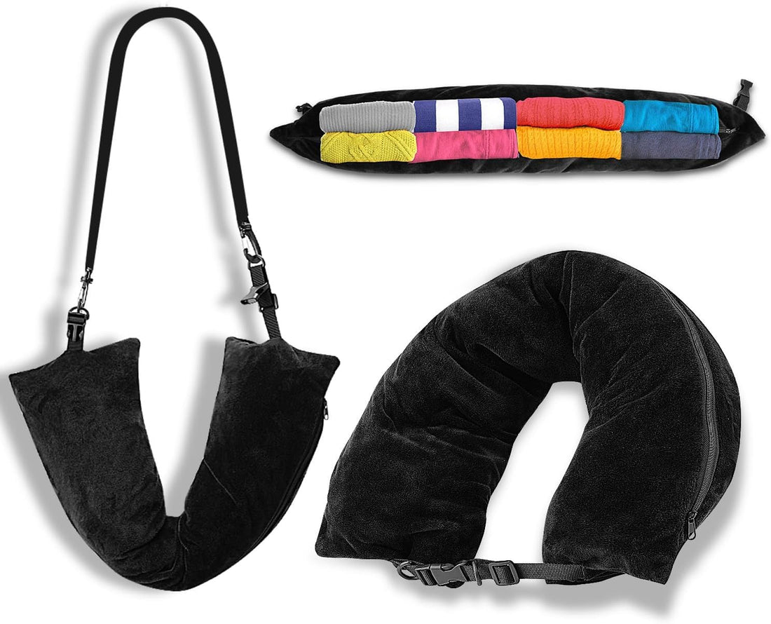 Travel Neck Pillow with Innovative Design – Convertible into Compact Storage Bag, Soft and Comfortable, Perfect for Long Trips and Daily Commutes (Black)