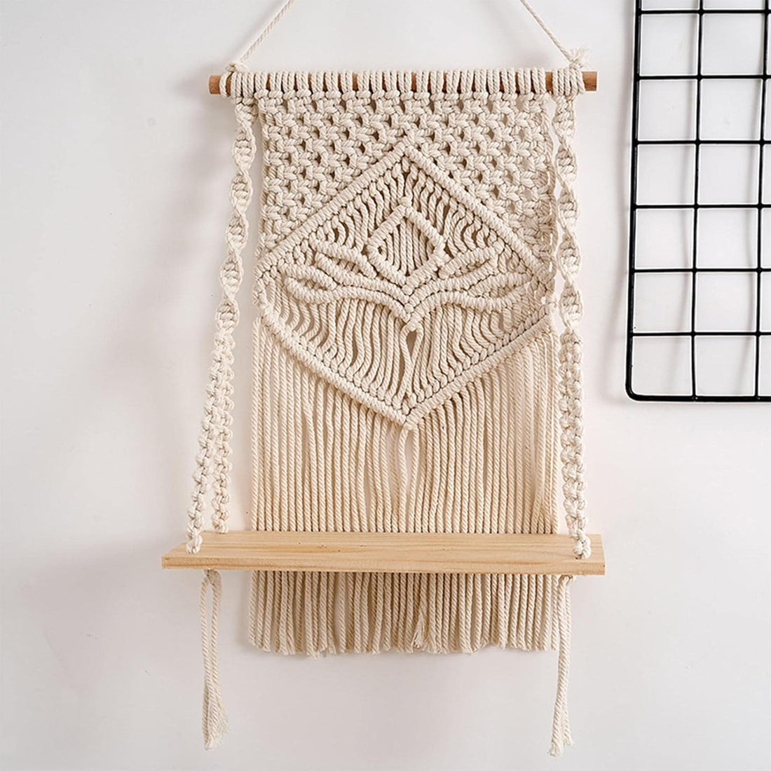 Macrame Wall Hanging Shelf, off white, Handwoven Cotton Rope, Boho Decor with Wooden Dowel and Fringe Tassels
