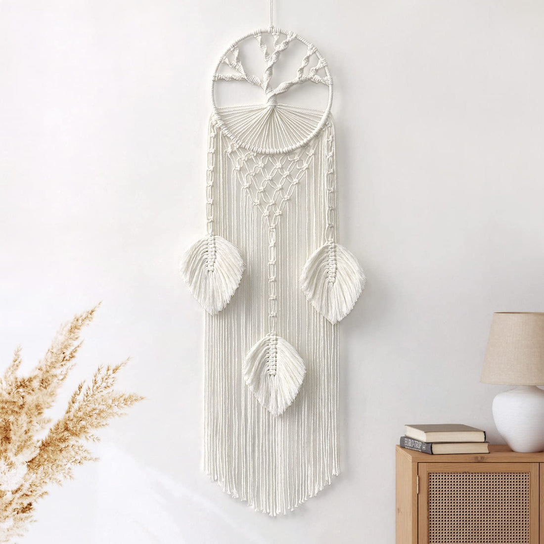 LOMOHOO Tree of Life Macrame Wall Hanging, Boho Dream Catcher with Feather Leaf, Bohemian Decor for Wedding Parties, Bedroom, Children's Room, Cafe, Gypsy Style