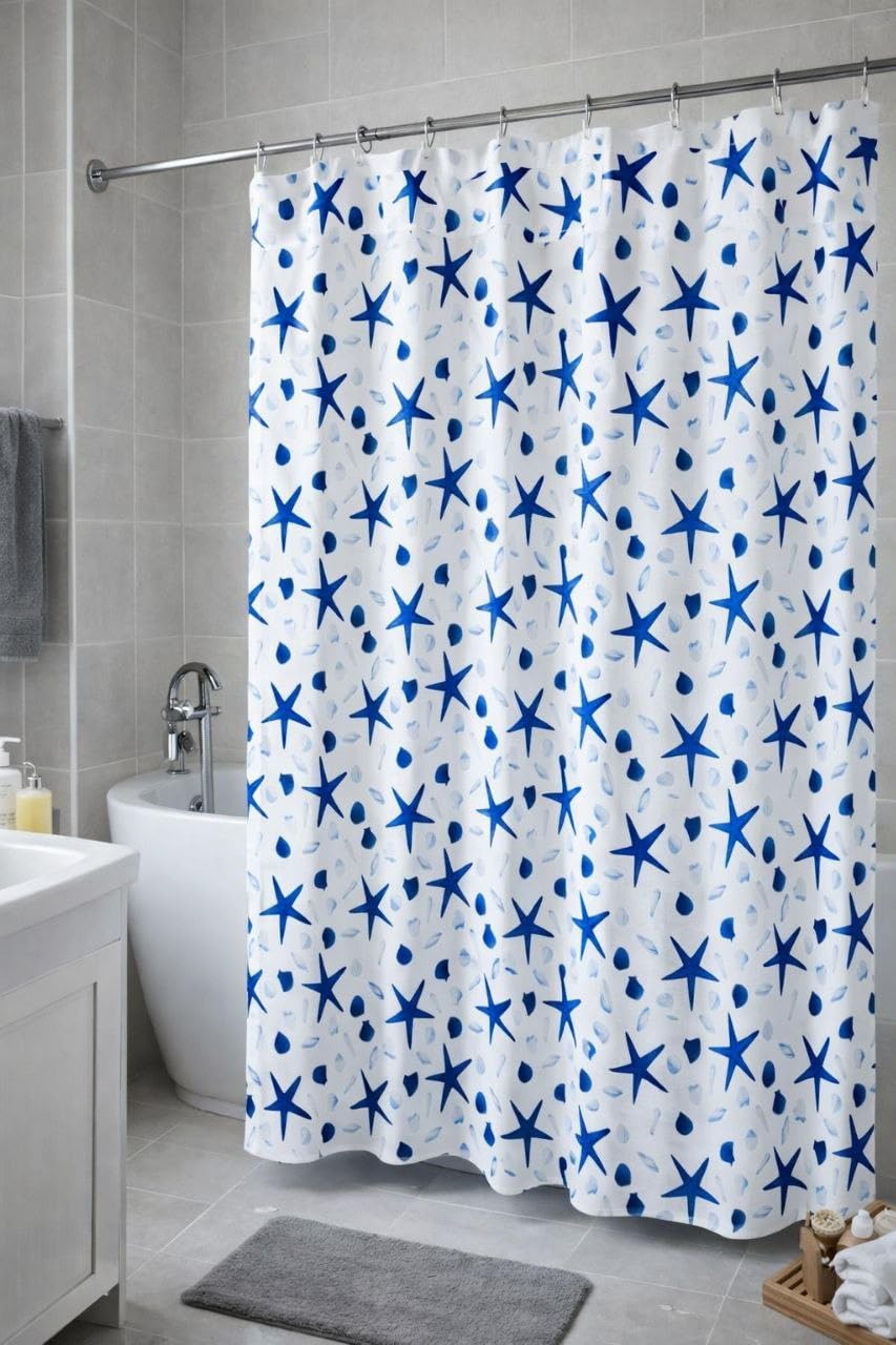 Starfish Shower Curtain White Blue Waterproof 180x180cm Hanging Hooks Set