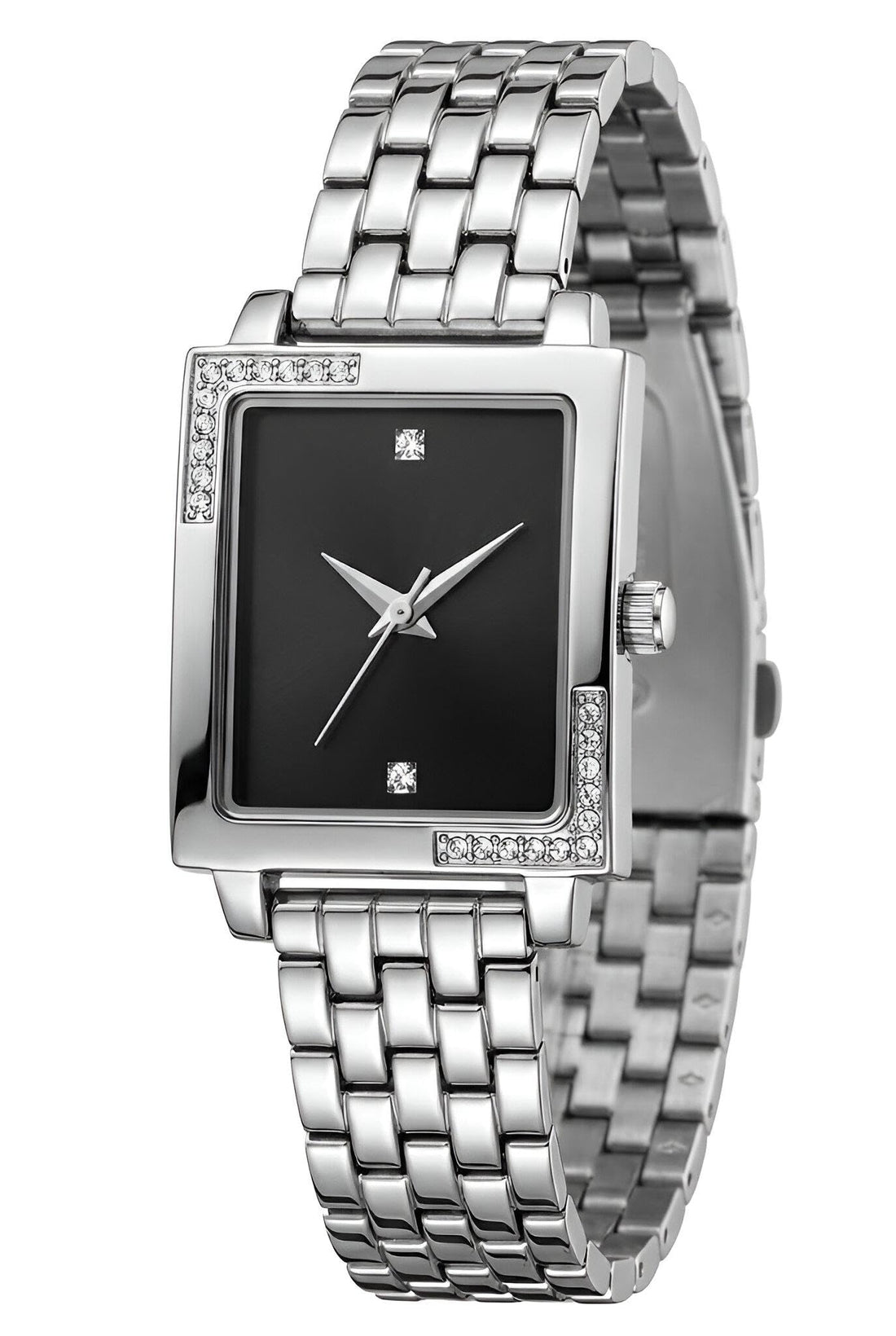 Classic Women's Watch - Timeless square face with sparkling crystal embellishments, smooth metal bracelet, quartz precision, perfect for everyday elegance.