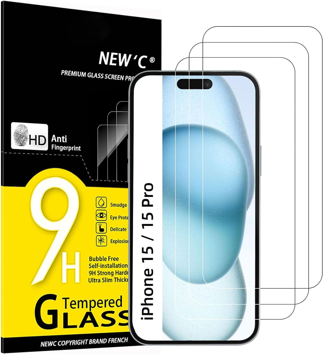 NEW'C Pack of 3 Tempered Glass Screen Protector for iPhone 15/15 Pro (6.1 Inches), Scratch Free, 9H Hardness, HD Screen Protector, 0.33 mm Ultra Clear, Ultra Resistant