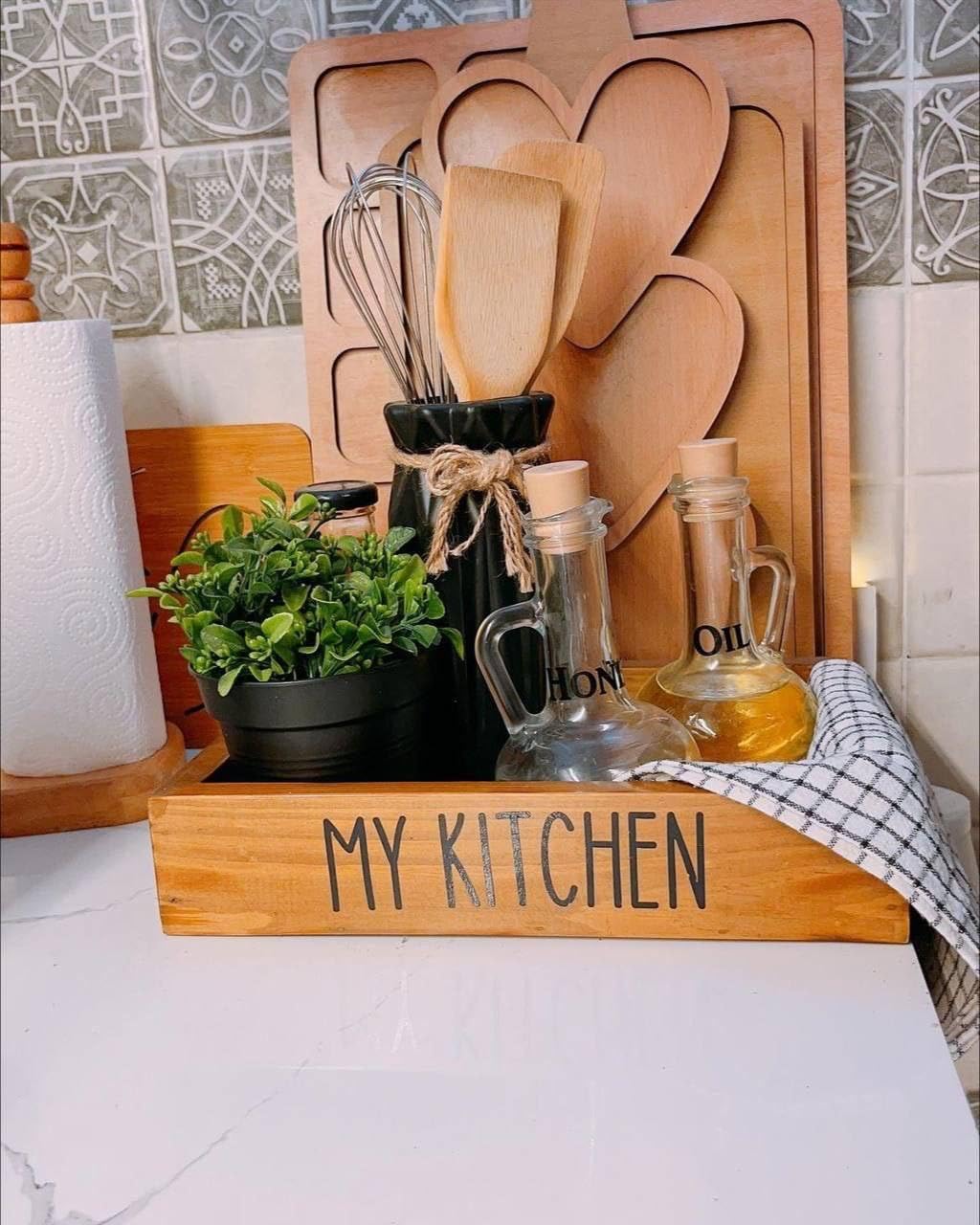 Rustic Wooden Kitchen Storage Tray, Decorative Serving Box with 'My Kitchen' Text, Natural Pine