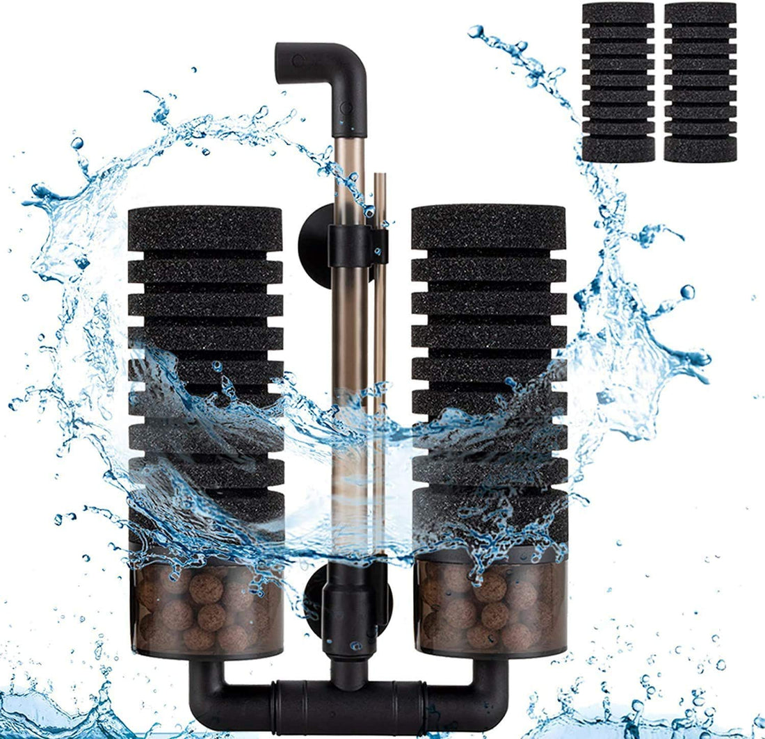 hygger Aquarium Double Sponge Filter, Comes with 2 Spare Sponges, 1 Bag of Bio Ceramic Media Balls, Quiet Submersible Foam Filter for Fresh Water and Salt-Water Fish Tank (Dual M(15-55 Gallon))