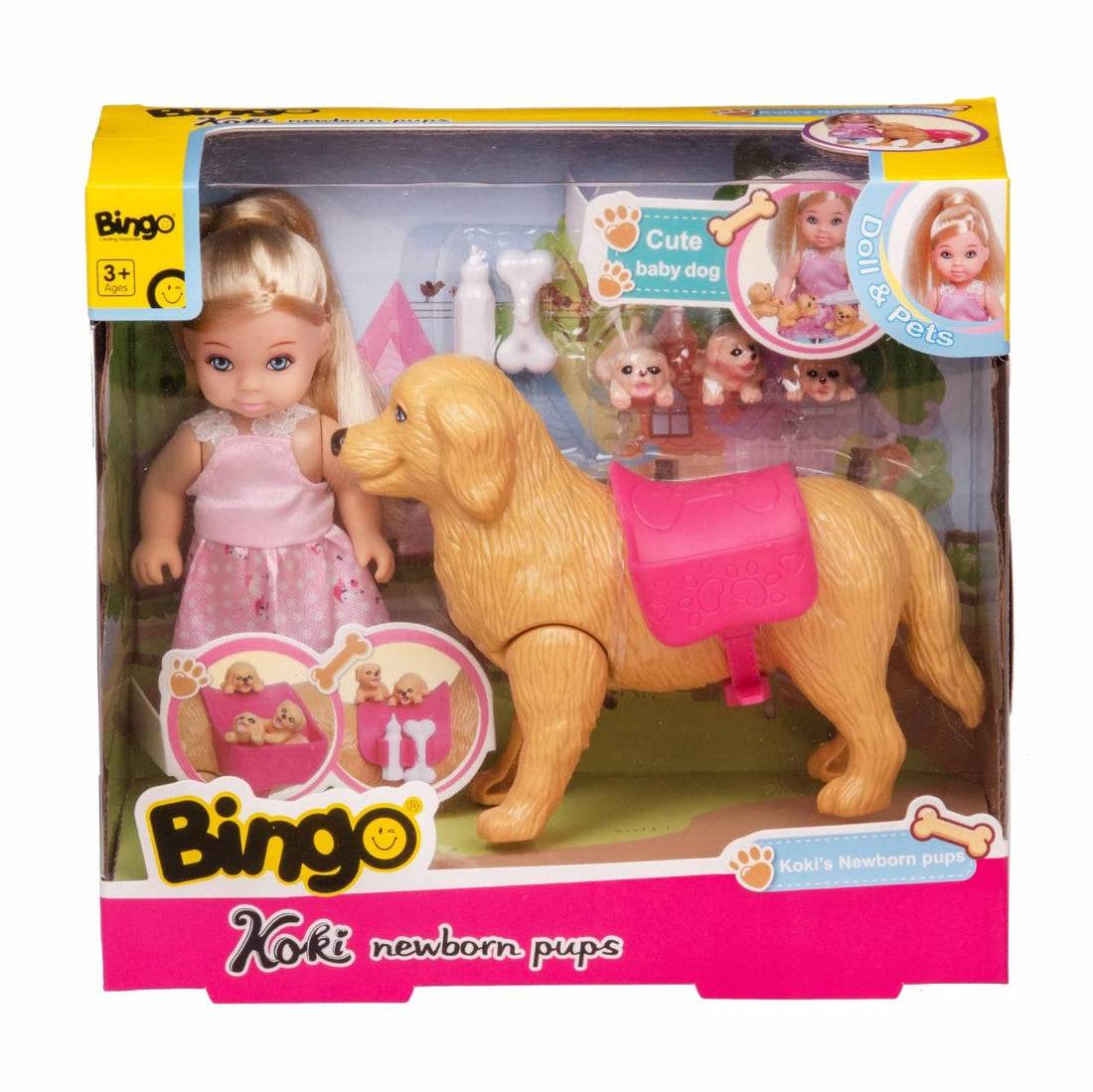 Bingo Koki Doll with Newborn Pups, 7 Pieces - Multi Color