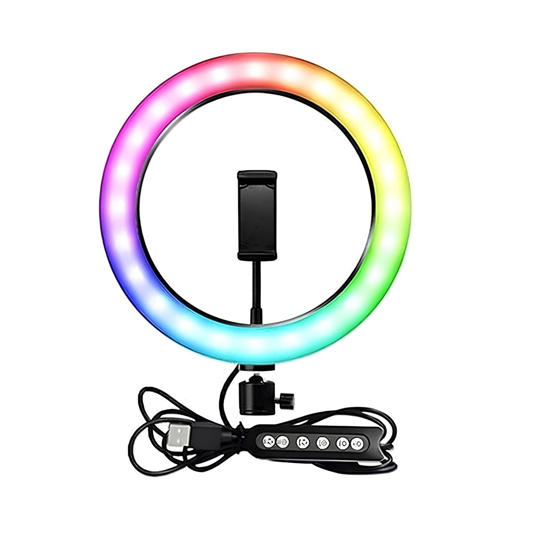 Ring Light 26cm RGB LED Soft Light – 210cm Long Stand, Full Lighting Intensity Control, 360° Rotation, Non-Slip Base – Ideal for Photography & Streaming – Black
