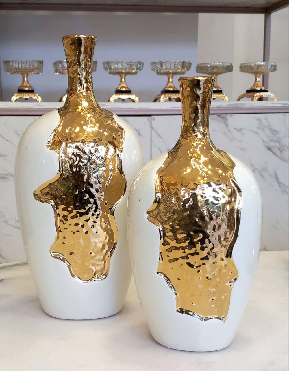Porcelain Vase Flower Arrangement Water Flower Home Decoration Living Room Decoration Nordic Design From FLAMINGO Set 2 Pcs Gold & White - Geometric Design