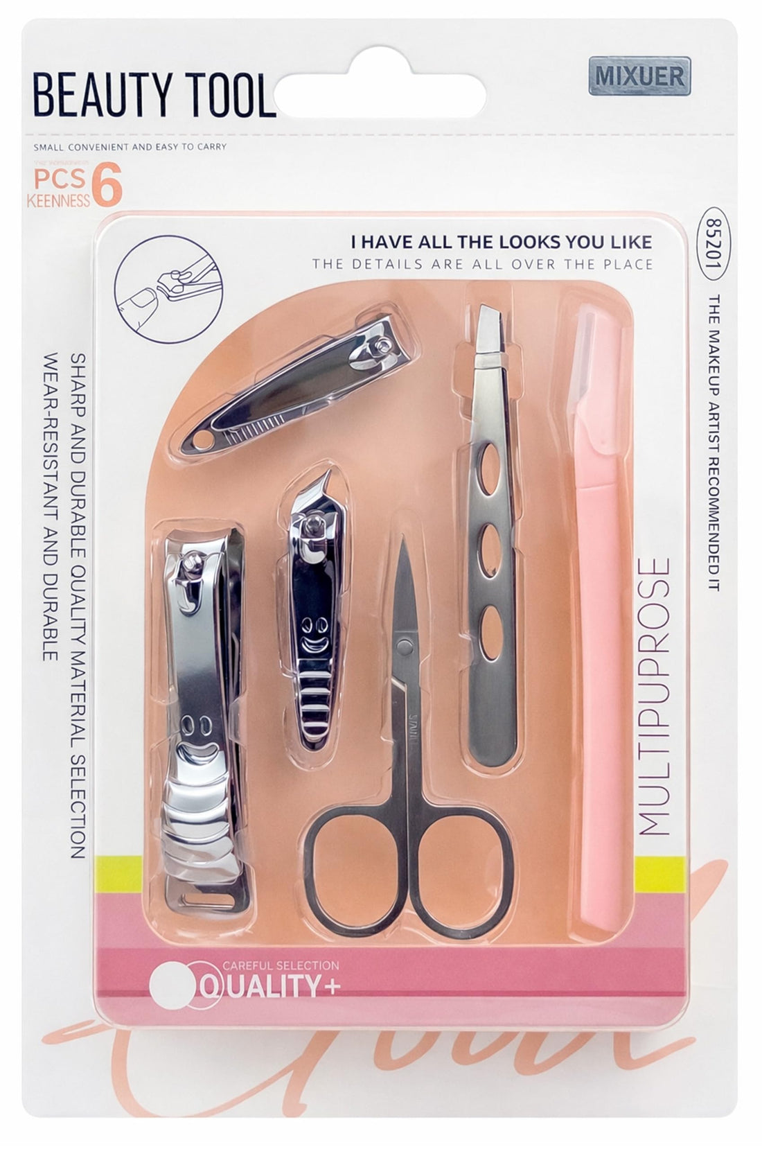 Mixueer - Beauty Tool, Manicure Set Of 6 PCS, Includes 1 large Nail Clipper & 2 Small Nail Clipper & Tweezer & Scissor & Eyebrow Razor, Silver Kit For Home Use & Travel