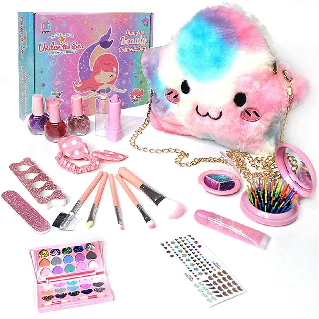 DDMA Kids Makeup Set for Girls, Washable Cosmetics Kit with Plush Bag, Nontoxic Cosmetics Kit Toys Pretend Play Makeup Beauty Toys Gift Birthday Gift