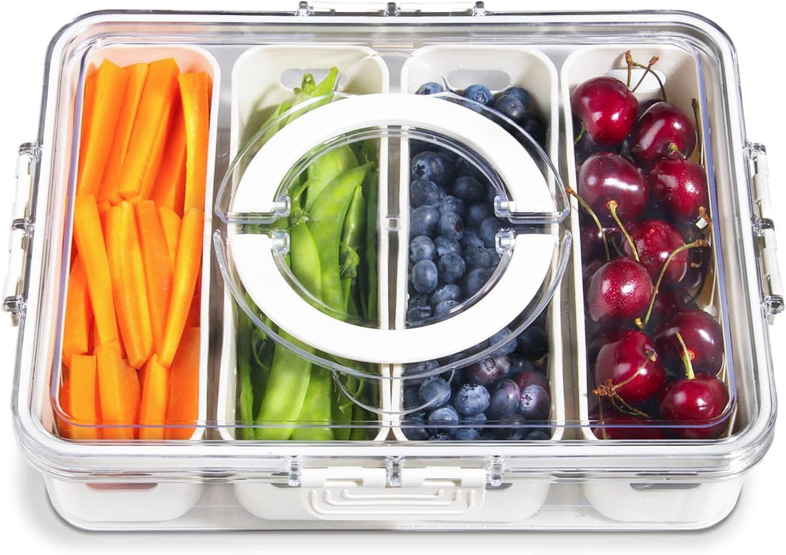 Fruit Storage Containers for Fridge,4 Compartments Snack Box Container, Portable Divided Serving Tray with Lid and Handle, Clear Organizer for Candy, Perfect (Regular)