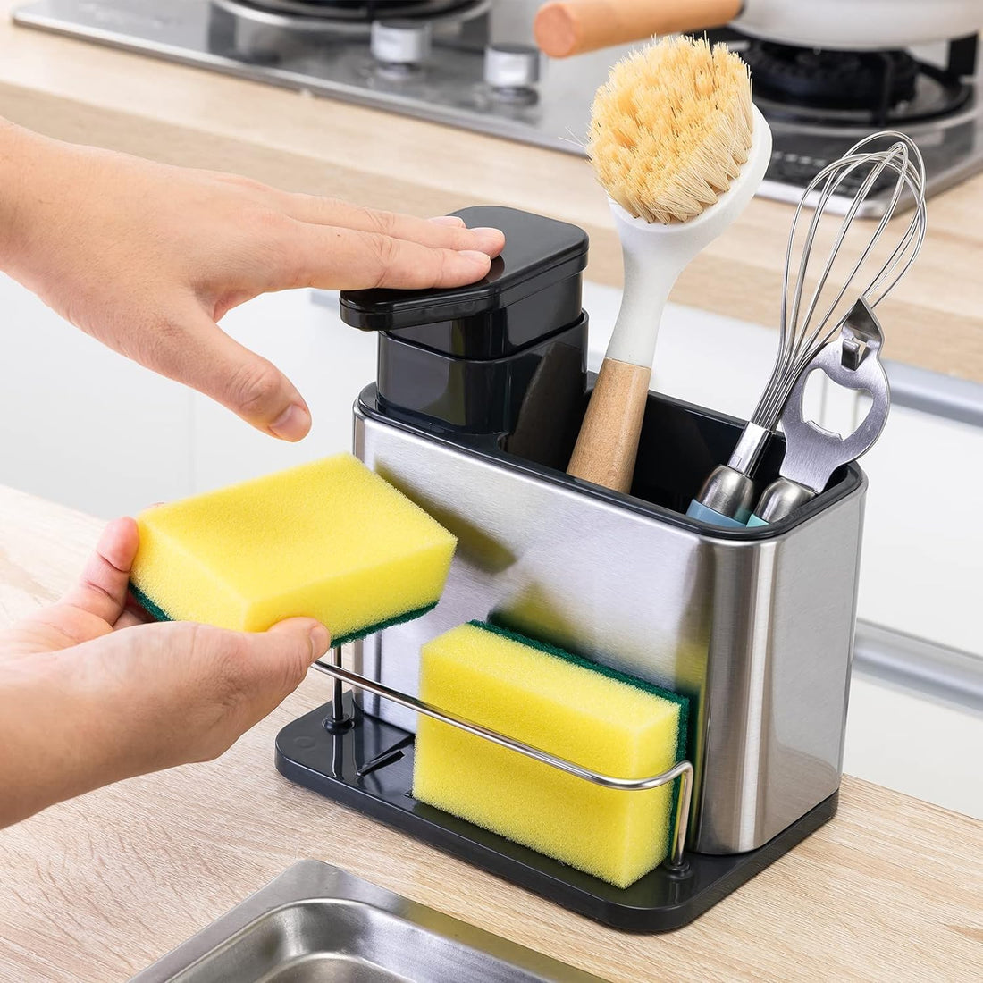 ULTRINA 3-in-1 Sponge Soap Dispenser for Kitchen Sink Caddy, Stainless Steel Kitchen Sink Organizer Tray Drainer Rack, Rustproof Dish Soap Dispenser Brush Holder Countertop