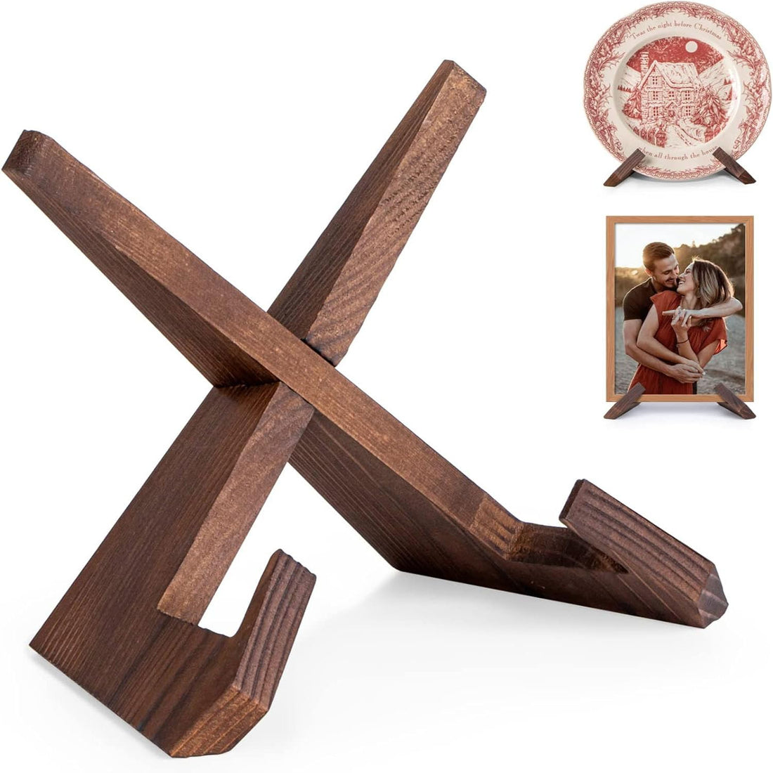 Joyzzz Plate Stand for Display, 6.5 Inch Wooden Cookbook Holder, Multifunctional Stand Holder for Kitchen Display, Wooden Picture Frame Stand, Brown Cookbook Stand Kitchen Counter Decor
