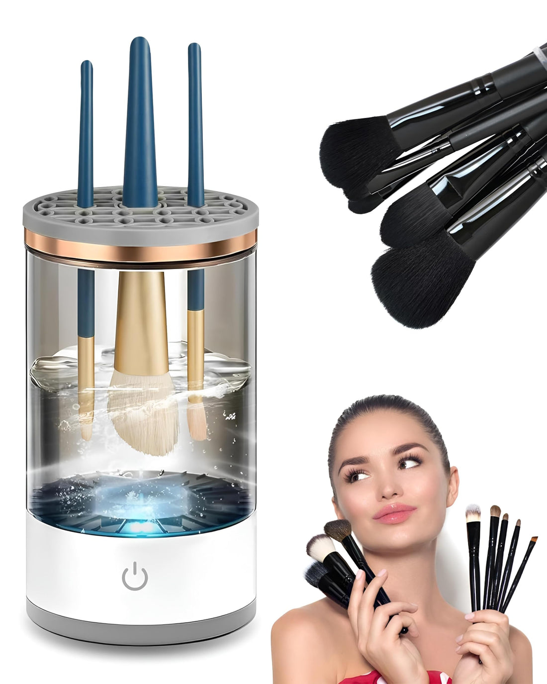 Electric Brush Cleaner - Automatic and manual modes with USB power, fits all makeup brush sizes, compact 15x9 cm design for quick, hygienic cleaning at home.