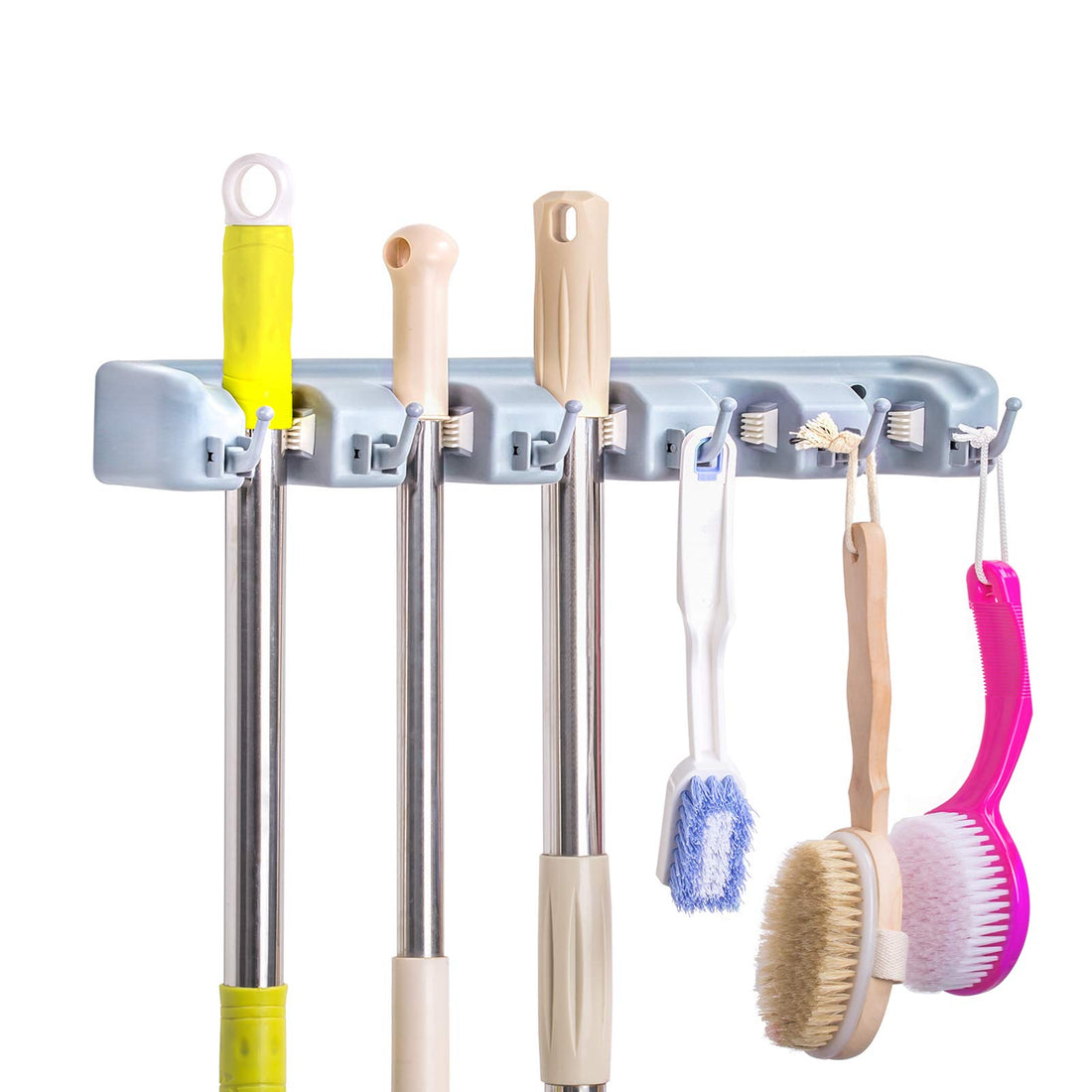 MCOMCE Broom Holder Wall Mount, Broom Holder with 5 Positions and 6 Hooks, Broom and Mop Holder Wall Mounted for Garage, Home & Garden Tool Organizing, Practical Mop and Broom Holder Wall Mount(Gray)