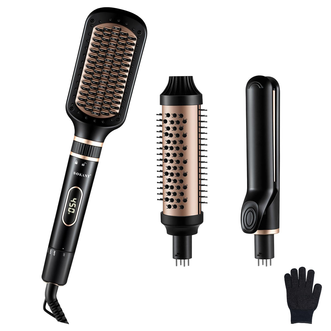 SOKANY Hair Straightener Brush 3 in 1 Curling Iron Set | Travel/Home Curling & Straightening Salon Styling Tools | Dual Voltage,LED 5 Temp Settings | Fast Heating Smart Ceramic Panel