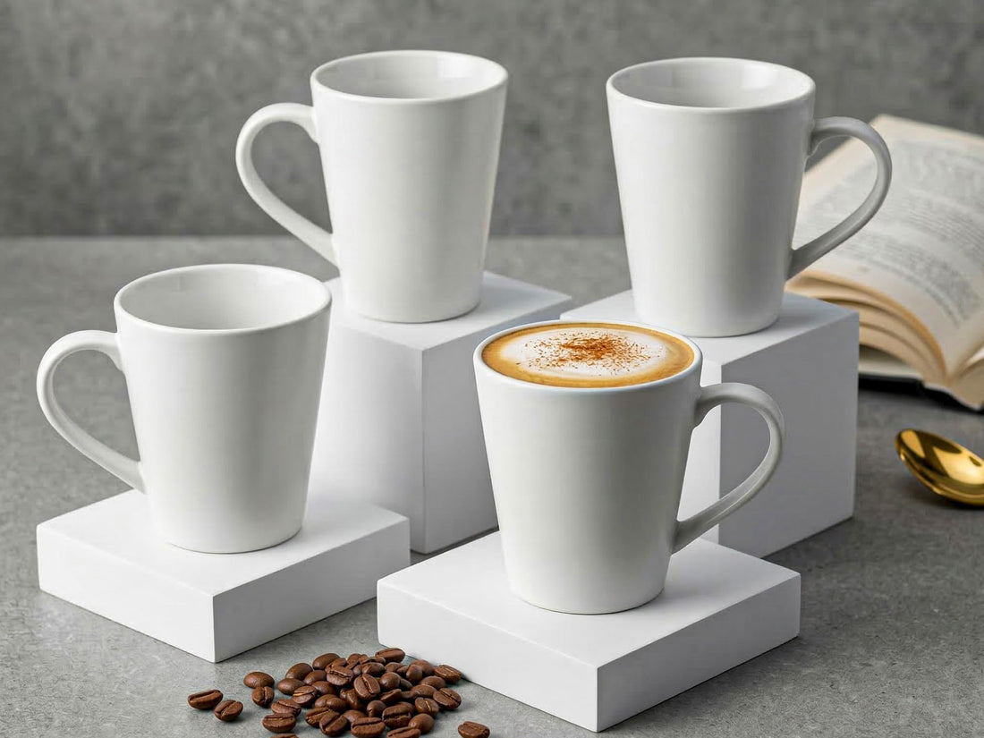 Bodhi House 'Kawaii' Large Coffee Mug Set of 4, Stoneware Tea Cup, Microwave Safe Milk Cup, Glossy Finish, Ideal for Daily use, Casual Gatherings and Gifting, White, 350 Ml