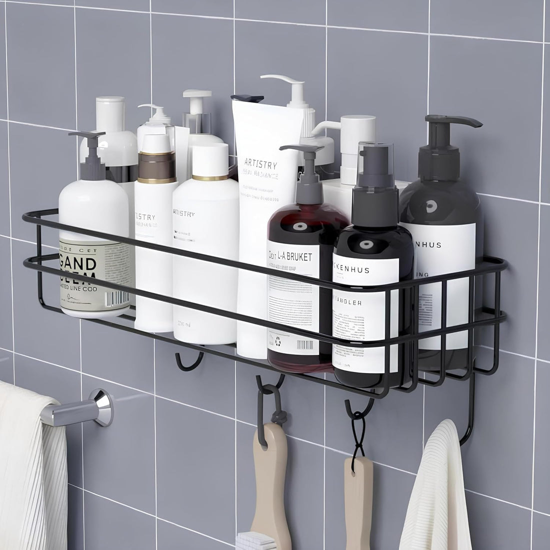 MosQuick® 1 pc Self-Adhesive Metal Bathroom Rack Rust Proof Bathroom Organiser Without Drill Premiun Bathroom Shelves Wall Mounted Shelves Kitchen Shelf Storage Rack with 4 Hooks (Black)
