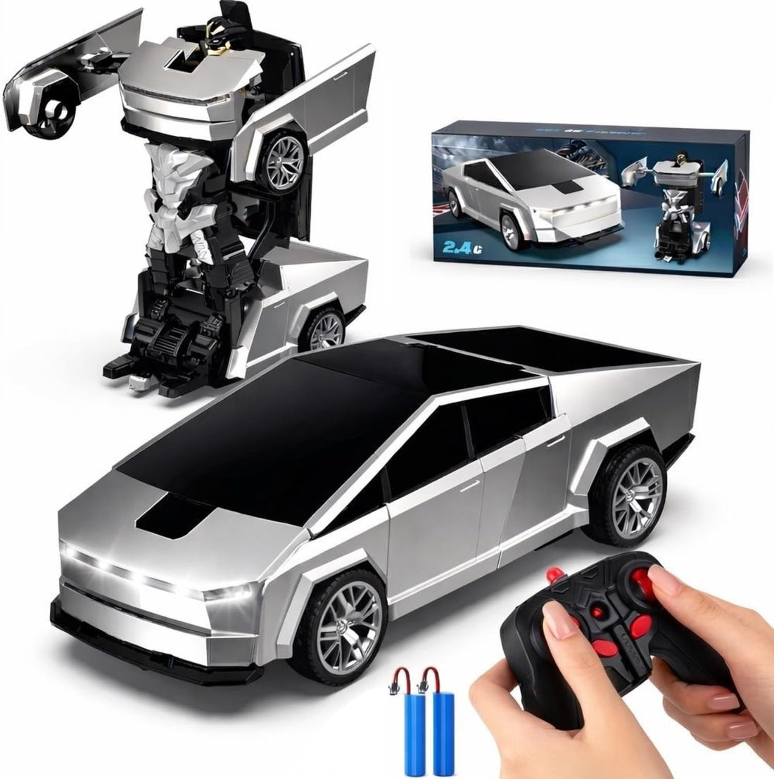 TOYS LAND RC Transform Robot Car Toy, 2.4GHz Remote Control Pickup Truck, One-Button Deformation 360° Rotation & LED Light Effects, 2 Rechargeable Batteries, Birthday Gifts for Kids Boys Girls 3+