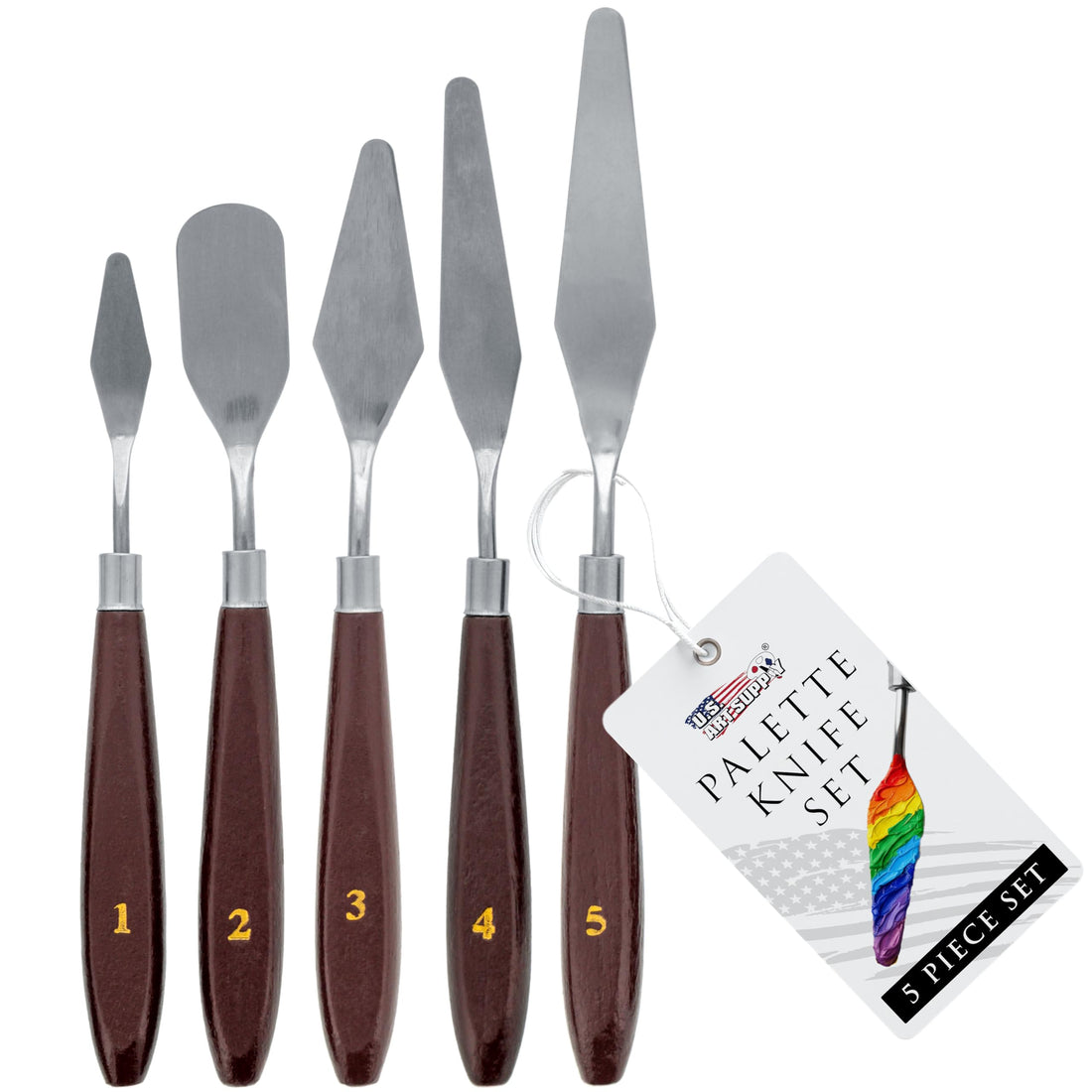 US Art Supply 5 Piece Stainless Steel Slim Flexible Palette Knife Set, Spatulas and Paint Knives for All Oil Paints, Acrylic Paints, Color Blending, 3D Printer Removal Tool