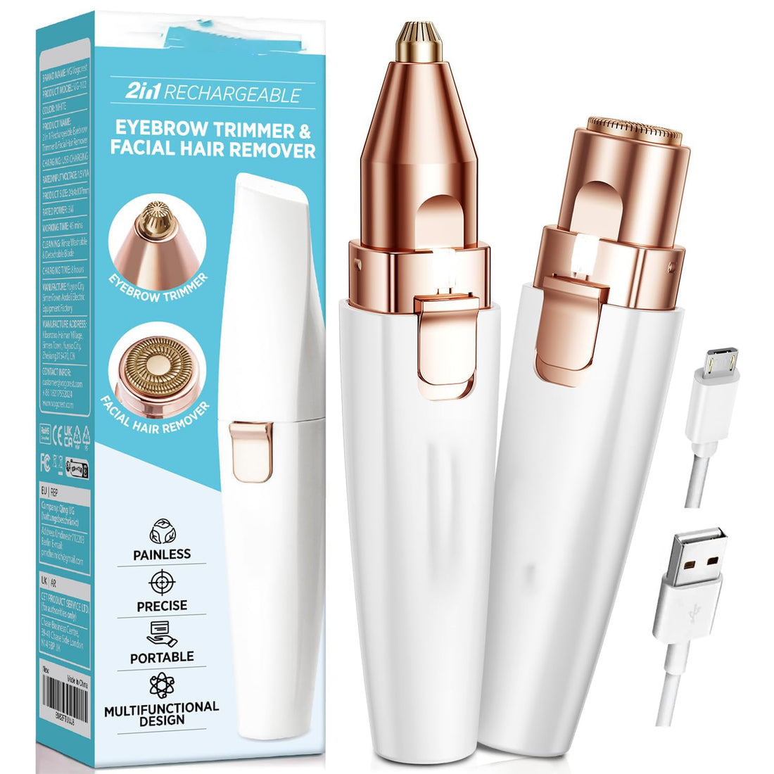 Eyebrow Facial Trimmer: 2 in1 Rechargeable Facial Hair Removal and Eyebrow Shaver - Face Lips Body Painless Facial Razor with Built-in LED Light (White)